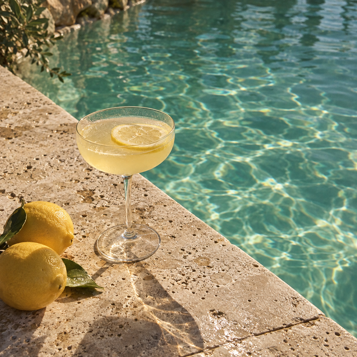Lemon spritz beside sunlit turquoise water